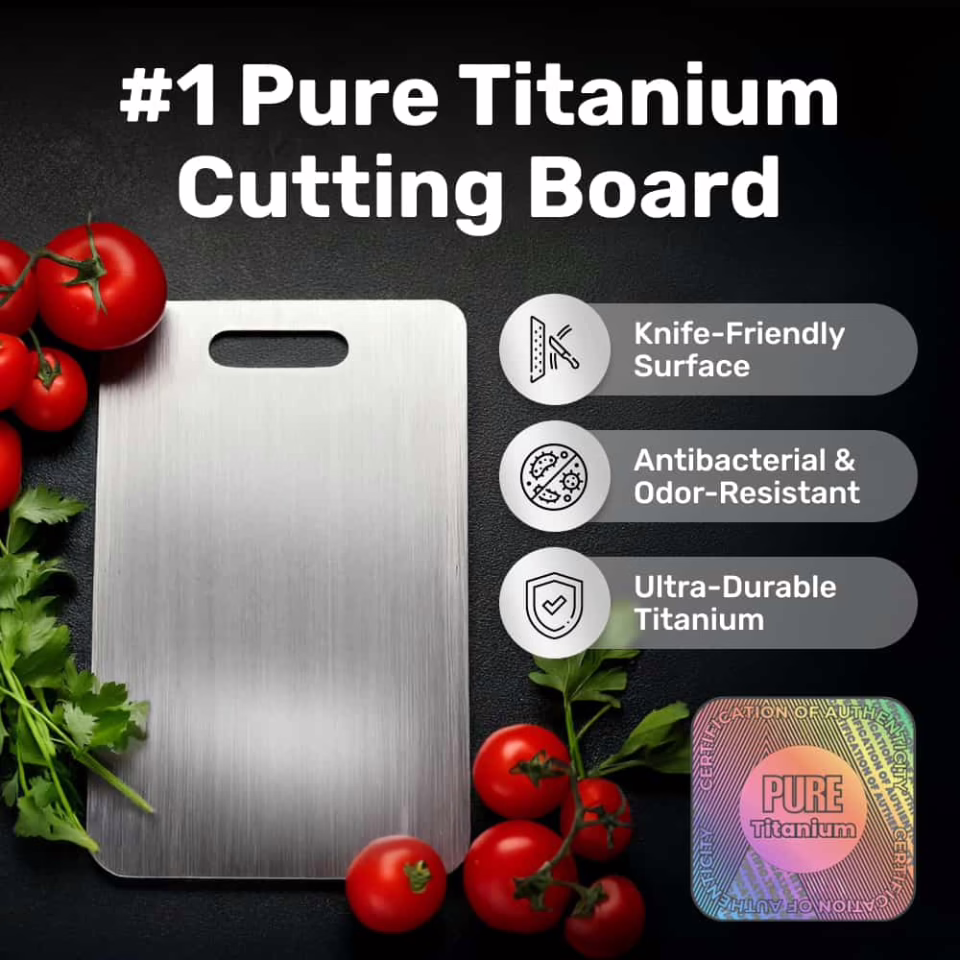 Katori 100% pure titanium cutting board on a kitchen counter